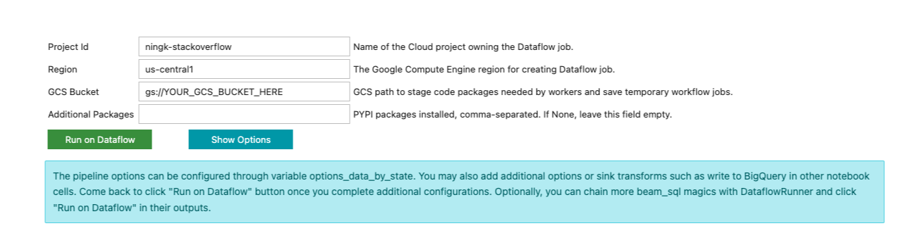 Beam SQL in Notebooks: empty run-on-dataflow form.