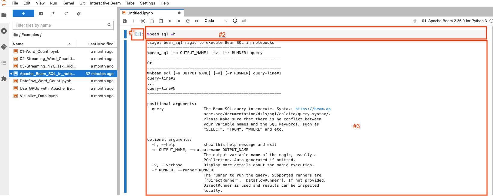 Beam SQL in Notebooks: beam_sql magic help message 