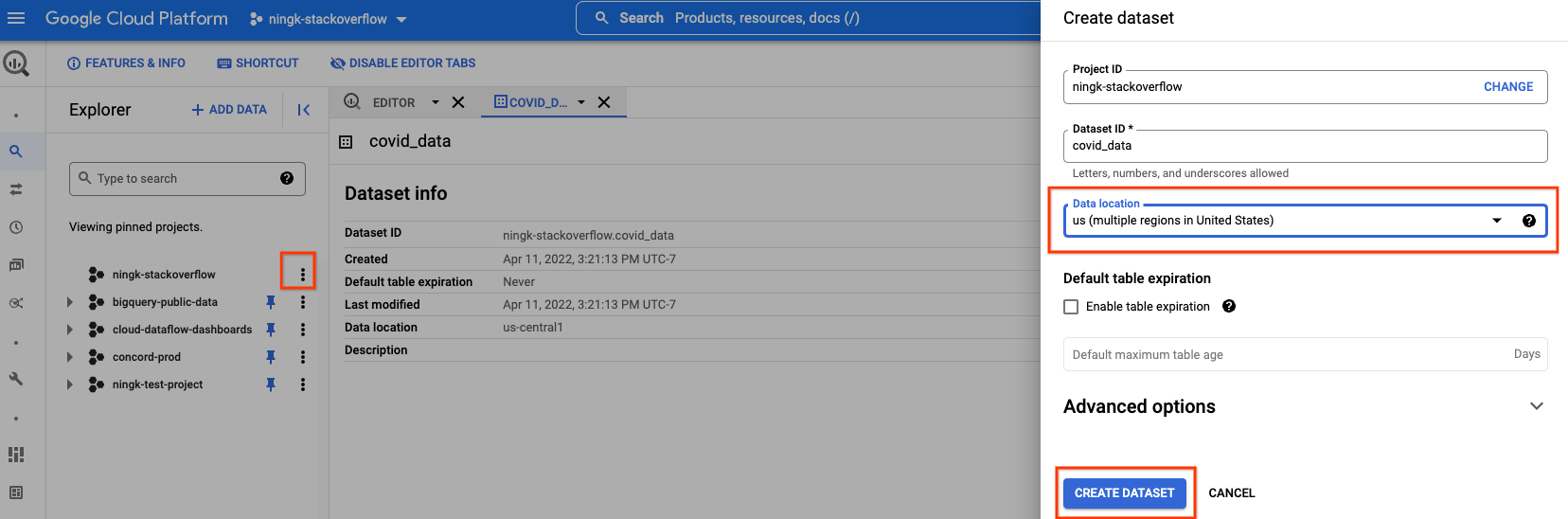 Beam SQL in Notebooks: create a new BQ dataset.