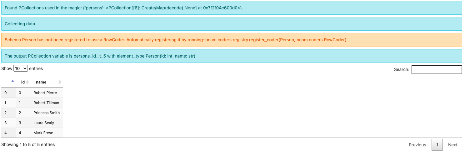 Beam SQL in Notebooks: beam_sql registers a schema for a PCollection.
