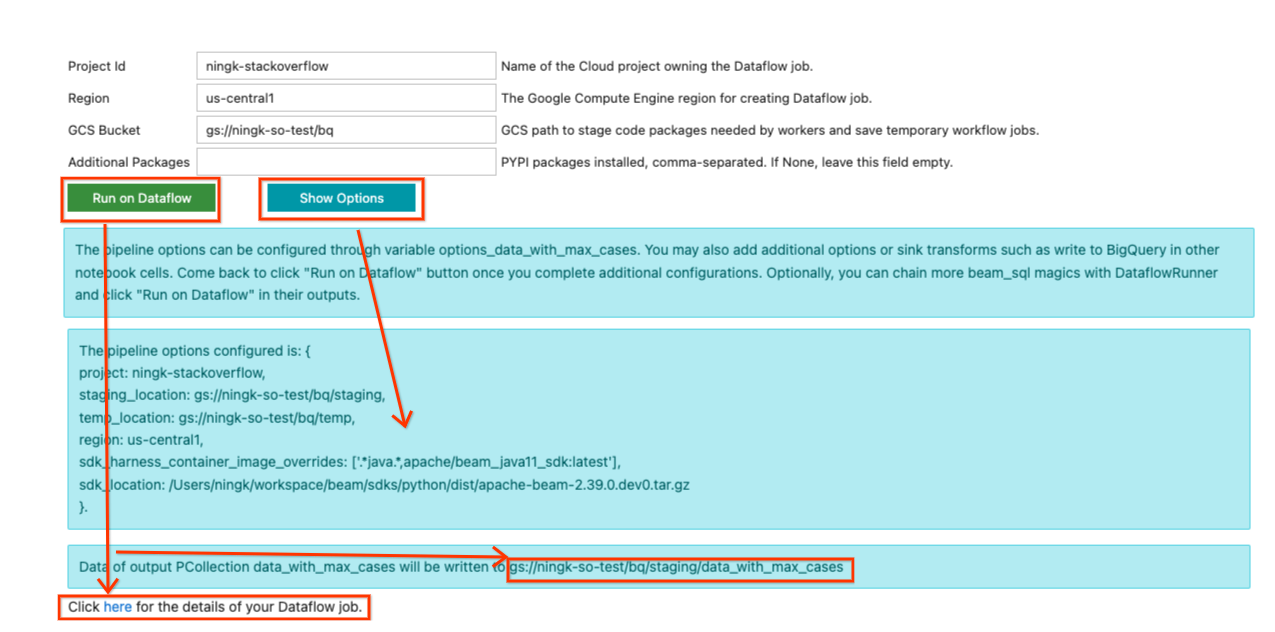 Beam SQL in Notebooks: fill in the run-on-Dataflow form.